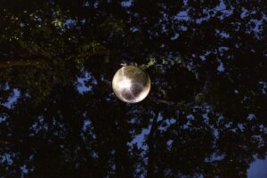 Eine strahlende Discokugel vor Nachthimmel und Baum